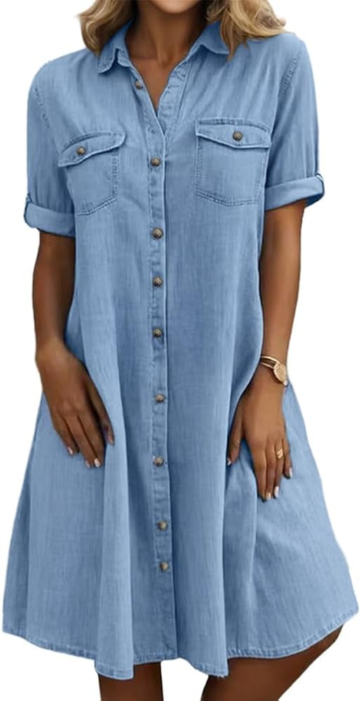 chouyatou Women's Summer Short Sleeve Denim Shirt Dress Business Casual Button Down Midi Long Jea... | Amazon (US)