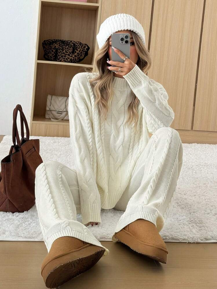 SHEIN EZwear Women Solid Color Round Neck Long Sleeve Simple Top And Pants Casual Suit | SHEIN