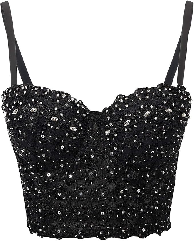 Women's Lace Rhinestone Bustier corset Wedding Party Crop Top Bra Vest | Amazon (US)