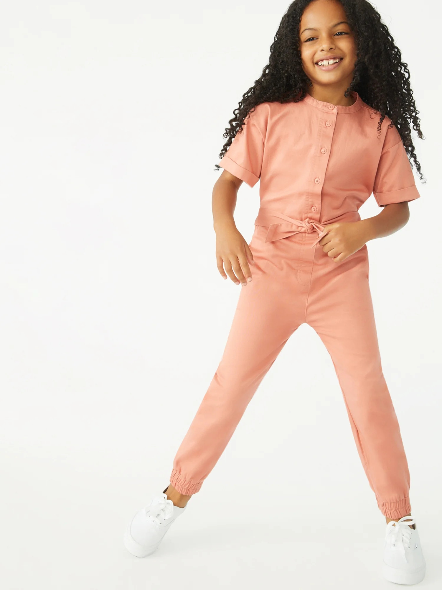 Free Assembly Girls Short Sleeve Belted Jumpsuit, Sizes 4-18 | Walmart (US)