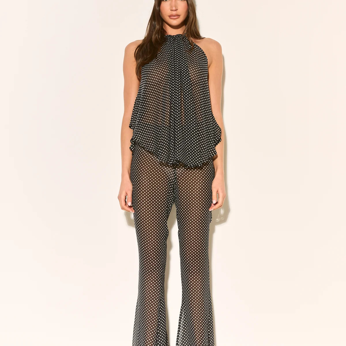 ELARA Black Polkadot Chiffon Trousers | Noughts and Kisses