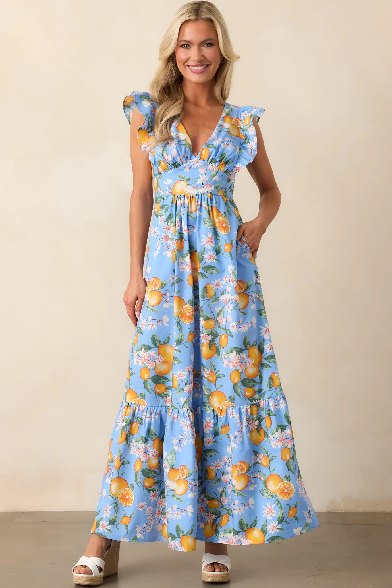 Sunshine State Of Mind Blue Cotton Lemon Print Maxi Dress | Red Dress