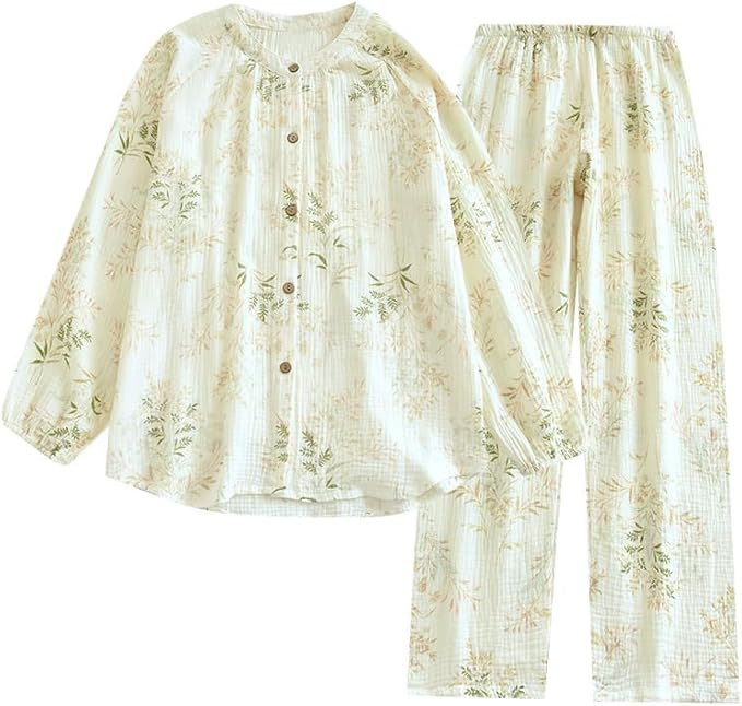 Womens Cotton Gauze Pajama Sets Muslin Pj Set Crew Neck Button Down Sleepwear 2 Piece Lounge Set | Amazon (US)