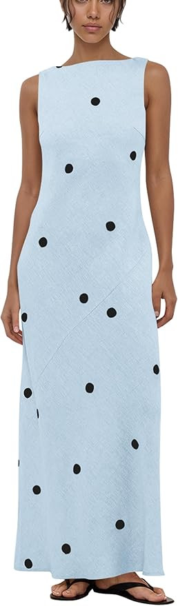 calbatic Women’s Polka Dot Cotton Linen Summer Vacation Maxi Dress Sleeveless Boat Neck Open Ba... | Amazon (US)