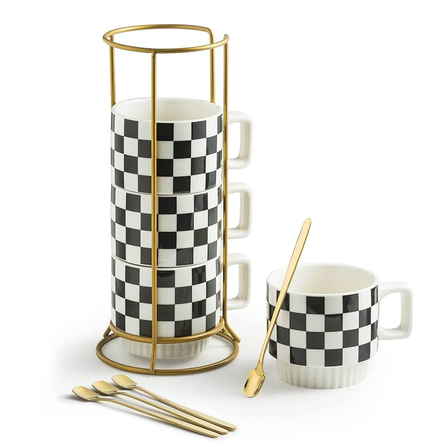 Stackable Coffee Mug Set of 4 with Rack 11 oz Tea Cup Set with Little Spoon for Coffee Tea Cocoa ... | Amazon (US)
