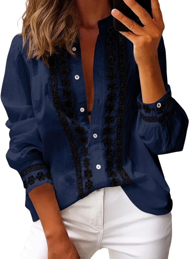 Theenkoln Womens Work Button Blouses: Long Sleeve V Neck Lace Casual Button Down Fall Trendy Shir... | Amazon (US)