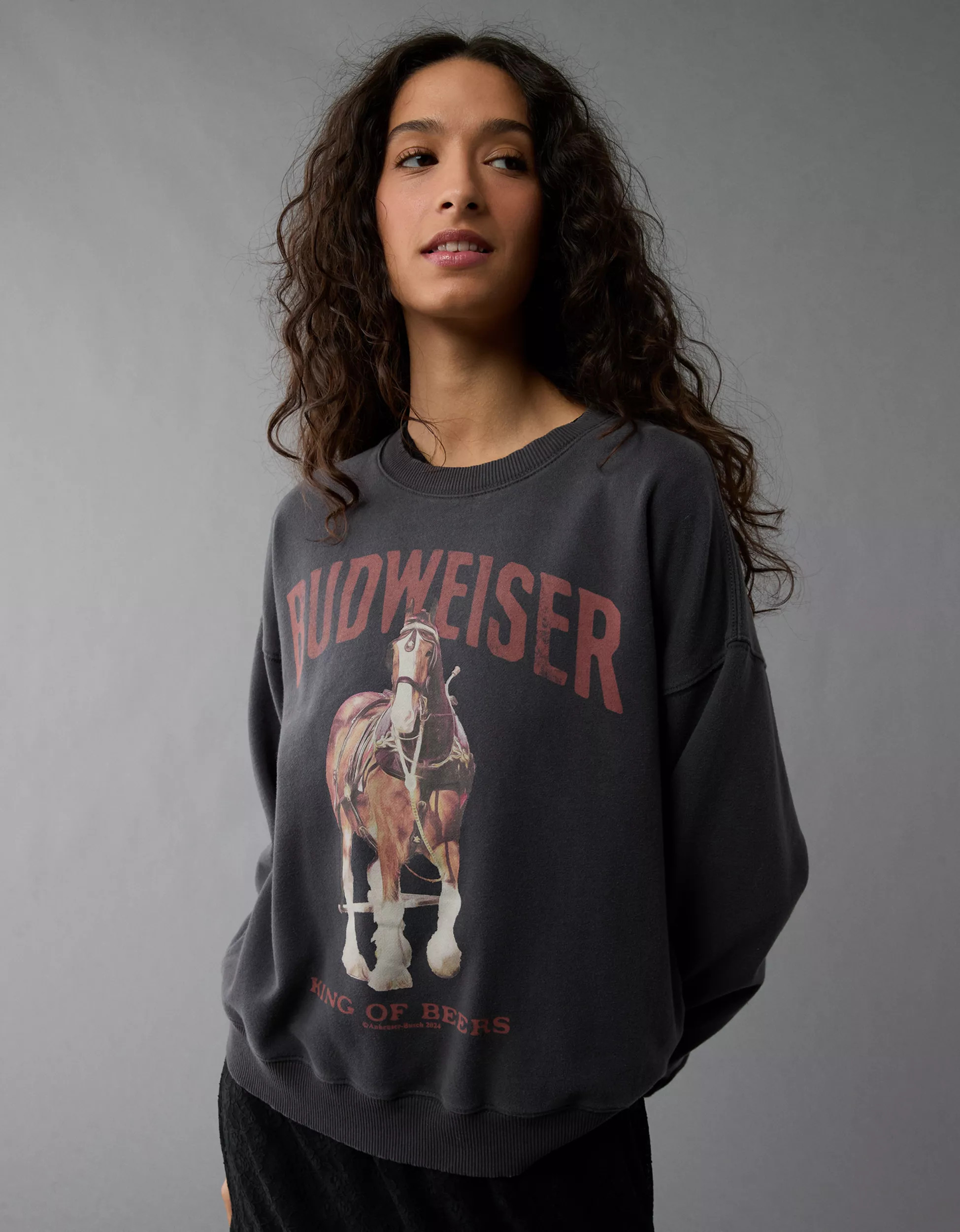 AE Holiday Budweiser Graphic Relaxed Crew Neck Sweatshirt | American Eagle Outfitters (US & CA)