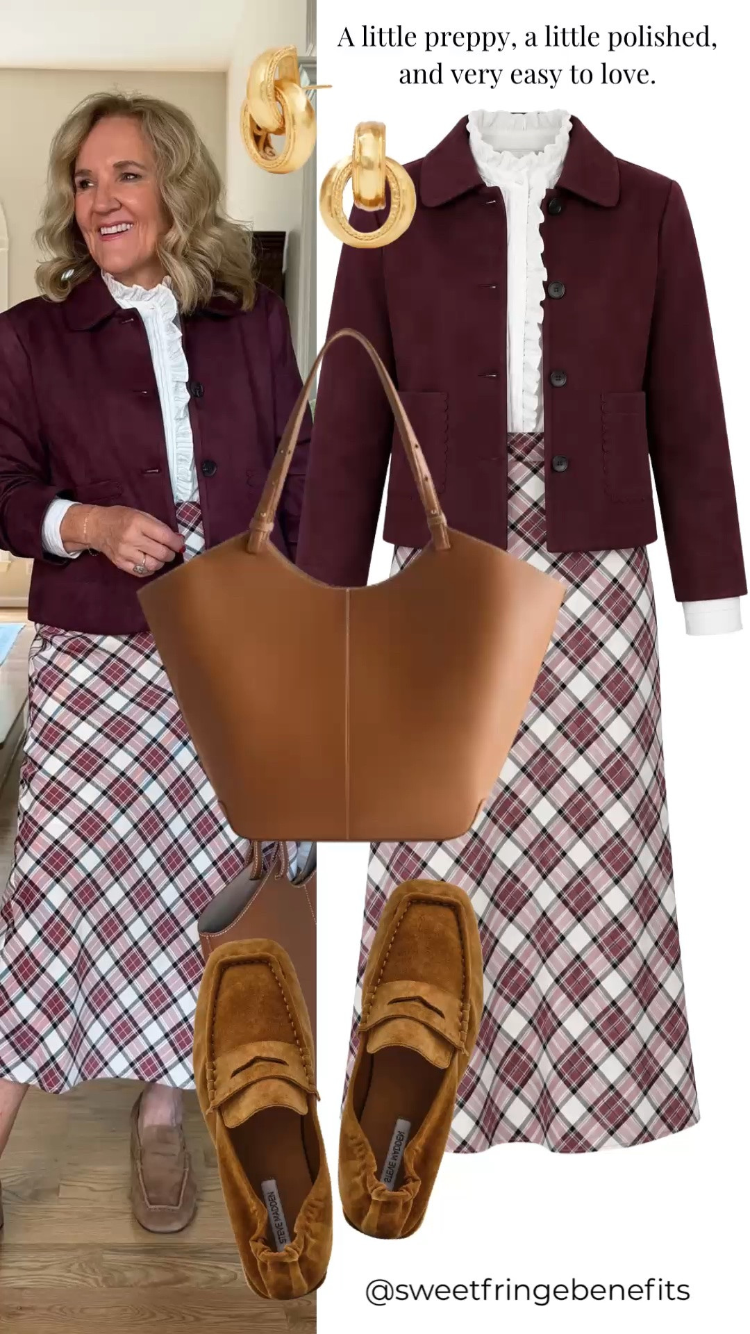 I’m a sucker for a good burgundy and plaid combination, and the little ruffle at the neck makes this feel just a bit more feminine. I’m wearing a small in the white top, a medium in the skirt, and a medium in the jacket.

#LTKootd #LTKgrwm #LTKdayinmylife
