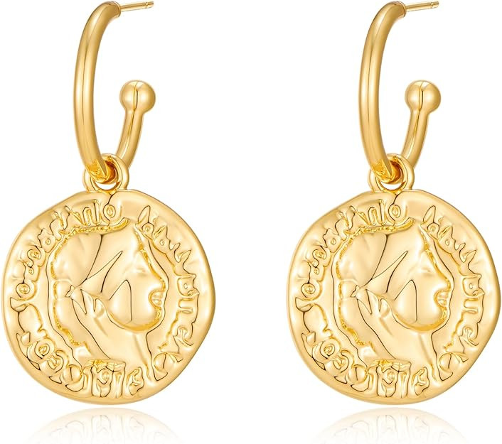 FAMARINE Gold Coin Earrings for Women Dainty Dangle Earring Trendy Gold Hypoallergenic Jewelry | Amazon (US)