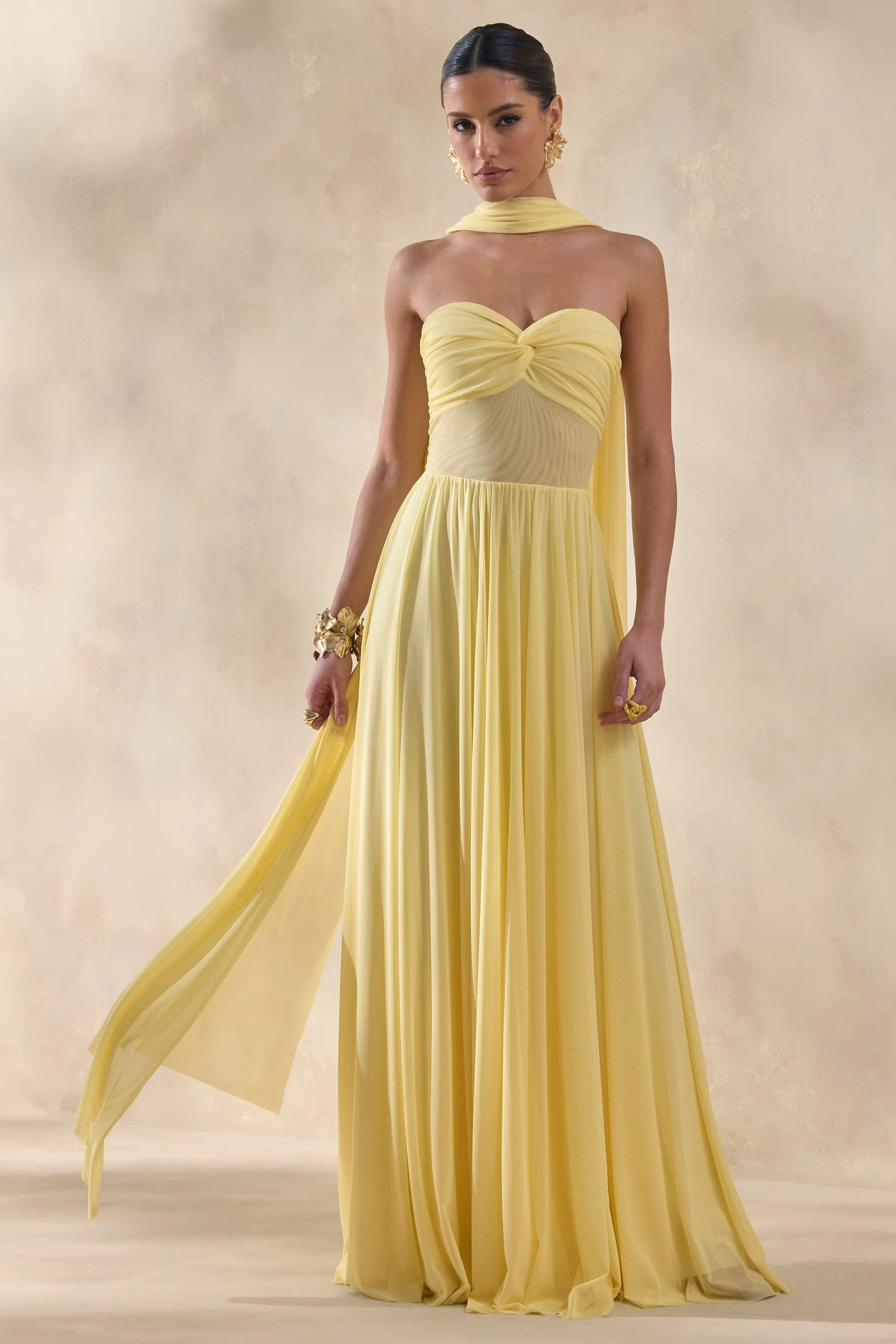 Lyvoria | Lemon Bandeau Maxi Dress With Mesh-Detail And Scarf | Club L London