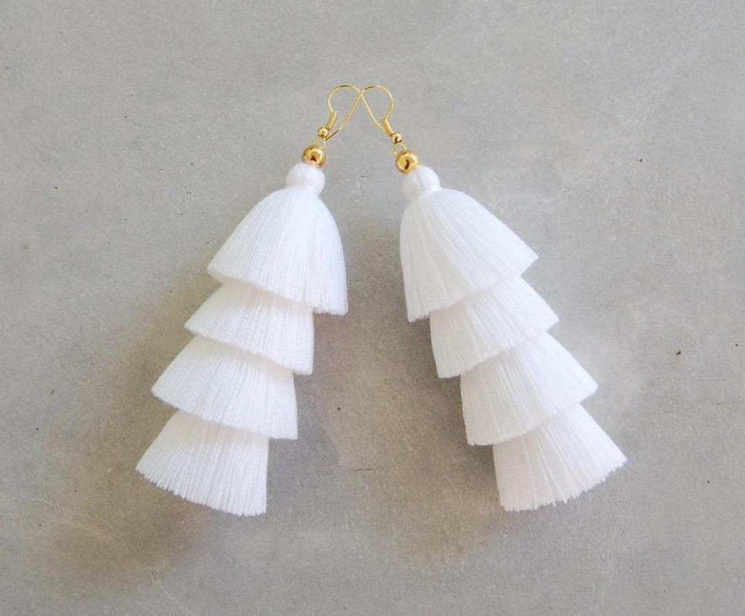 Pure White Four Tiered Tassel Earrings - Etsy | Etsy (US)