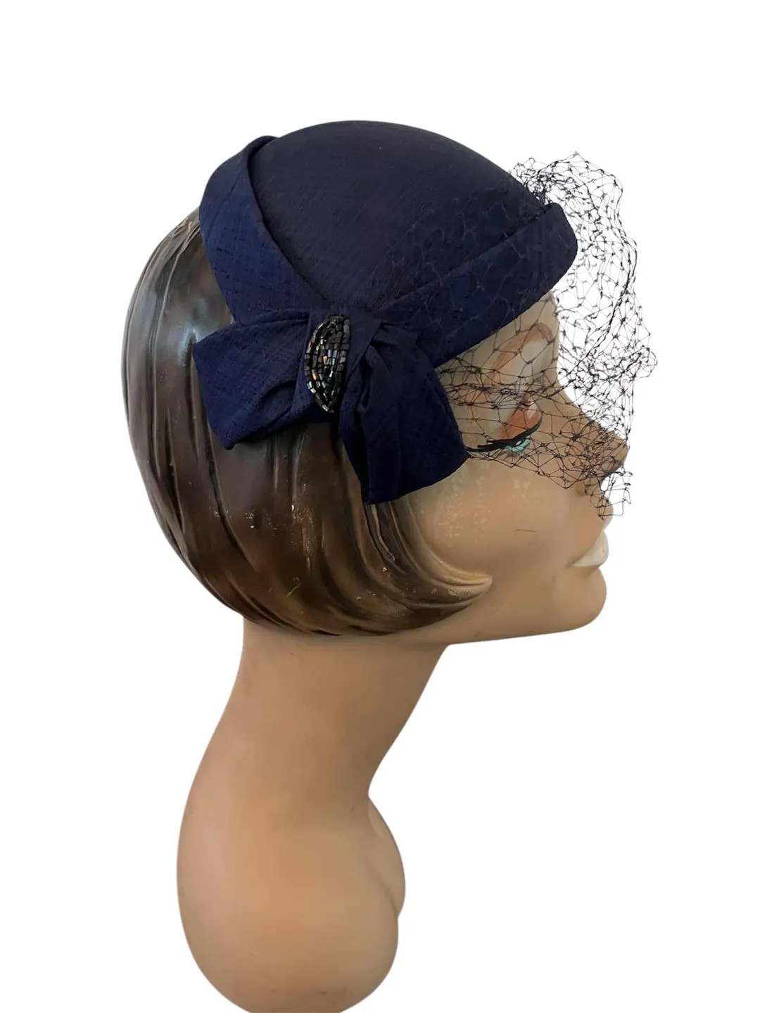 Vintage 1950s Juliette style cap dark blue fabric with bows beaded mesh veil ORIGINAL CAROLINE 19... | Etsy (US)