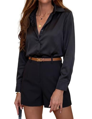 Sarin Mathews Satin Button Down Shirts for Women Dressy Casual Long Sleeve Blouses Silk Business Work Tops Black 2XL | Amazon (US)