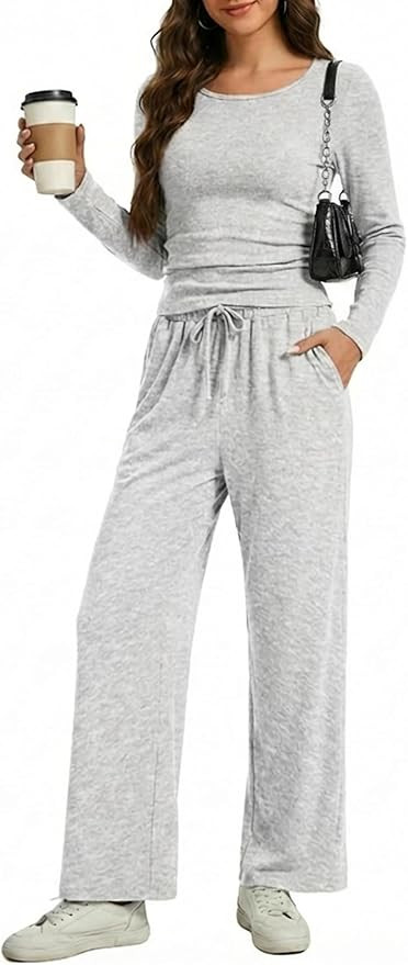 Women’s 2 Piece Lounge Set – Long Sleeve Ruched Top & Wide Leg Pants, Casual Matching Outfit ... | Amazon (US)