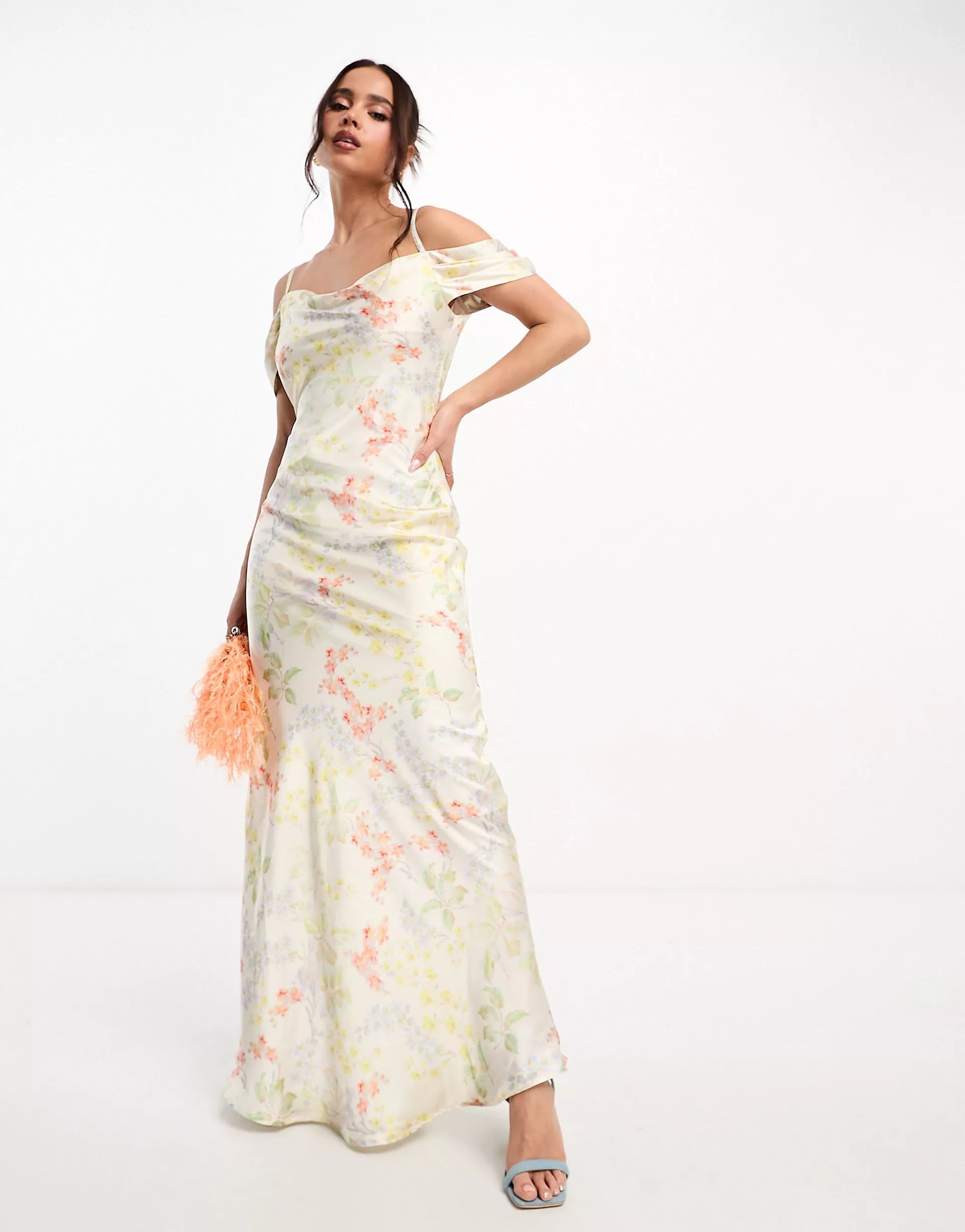 Hope & Ivy cowl neck satin maxi dress in ivory floral | ASOS (Global)