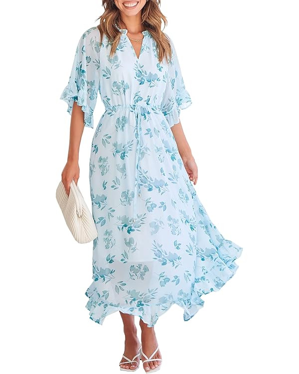 ANRABESS Women's Summer Ruffle Maxi Dress Floral Print 3/4 Bell Sleeve V Neck High Waist Flowy Bo... | Amazon (US)