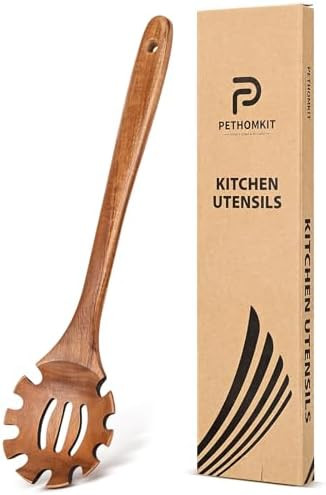 Wooden Pasta Spaghetti Spoon with Teeth, Teak Slotted Pasta Spaghetti Strainer Spoon for Cooking ... | Amazon (US)