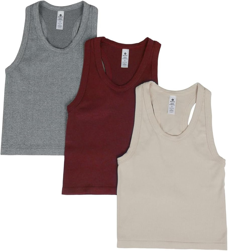90 Degree By Reflex Womens Seamless Tank Ribbed Fitted Racerback Hip-Length Top 3 Pack | Amazon (US)