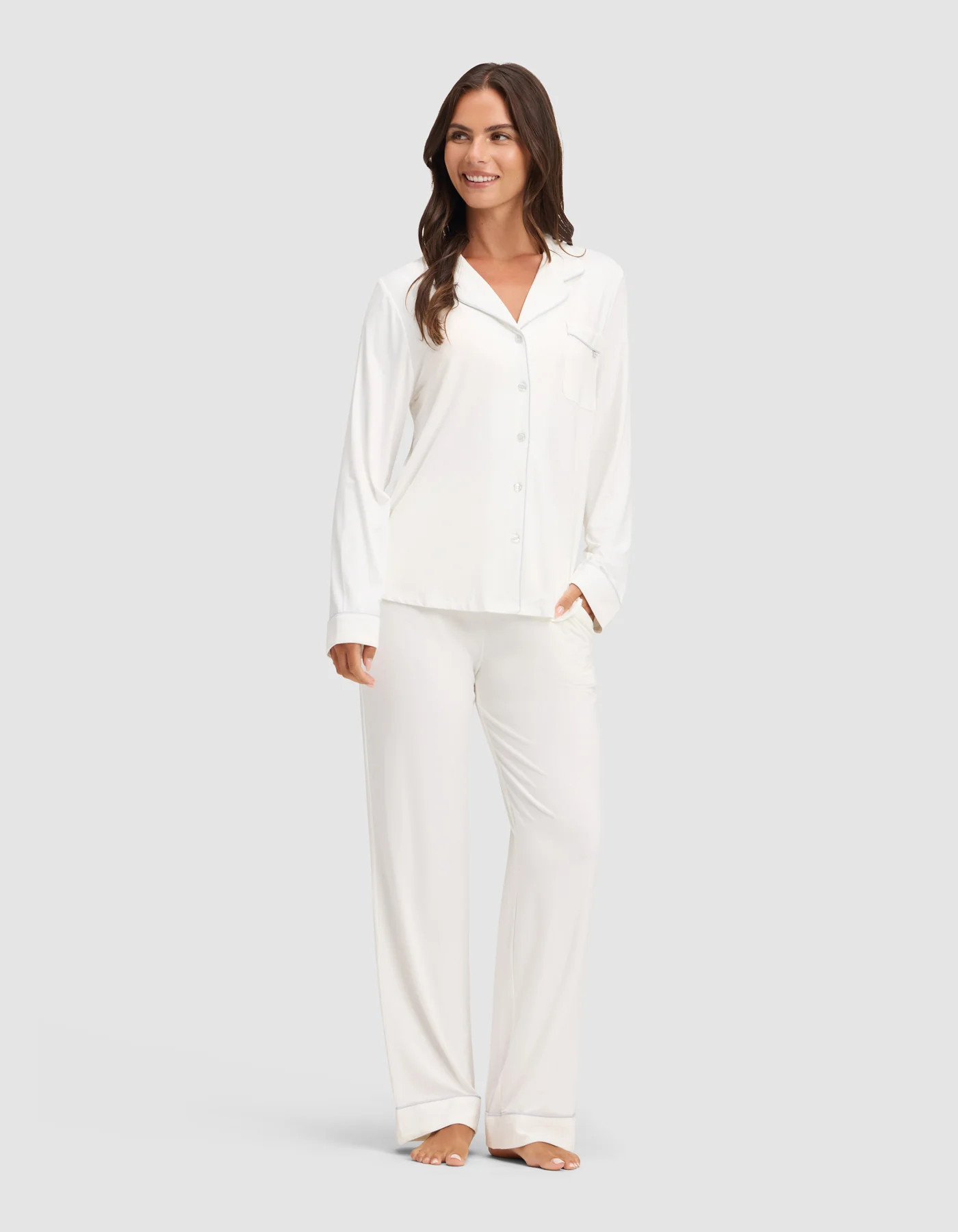 Women's Bamboo Viscose Stretch-Knit Long Sleeve Shirt Pajama Set in Ivory (Size: Medium) - Cozy Earth | Cozy Earth