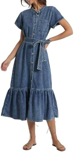 Kedera Summer Button Down Denim Shirt Dresses for Women Maxi Ruffle Short Sleeve Flowy Tiered Bea... | Amazon (US)