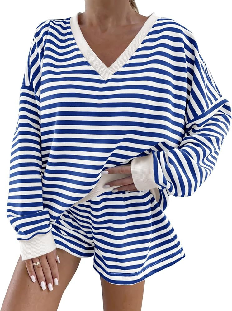 Tankaneo Womens 2 Piece Striped Outfits Casual V Neck Long Sleeve Oversized Sweatshirt and Drawst... | Amazon (US)