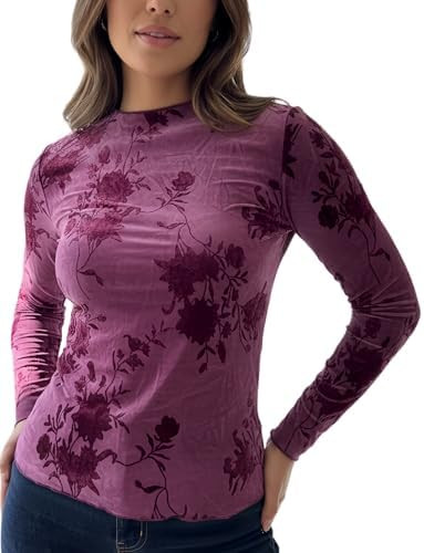 Women's Velvet Burnout Top Slim Fit Long Sleeve Blouse Mock Neck Party Evening Floral Elegant Shi... | Amazon (US)