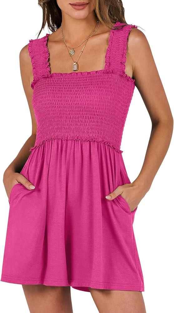 Women's Summer Casual Smocked Rompers Square Neck Sleeveless Loose Shorts Jumpsuit 2026 Beach Vac... | Amazon (US)