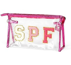 Preppy Patch Cosmetic Bag SPF Varsity Letter Summer Clear Toiletry Bag Aesthetic Waterproof Portable Makeup Bag Transparent PVC Zipper Clutch Purse Travel Beach Bag for Women Girls (Rose Red) | Amazon (US)