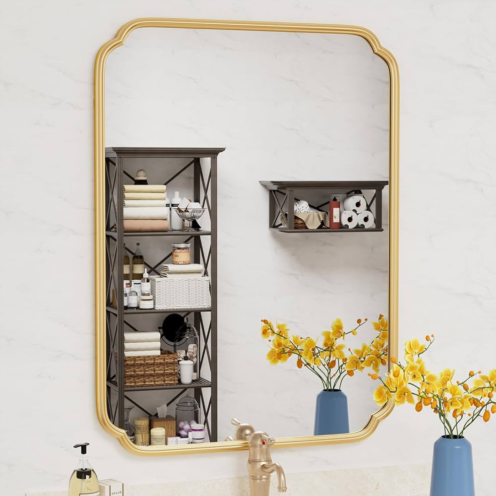 Gold Bathroom Mirror for Over Sink, 30" x 40" Modern Rounded Corner Rectangle Wall Mirror for Bat... | Amazon (US)