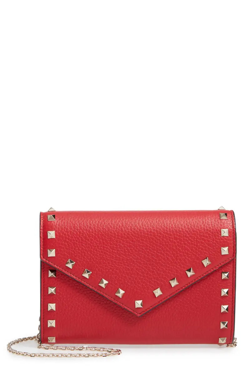 Rockstud V-Flap Calfskin Leather Wallet on a Chain | Nordstrom