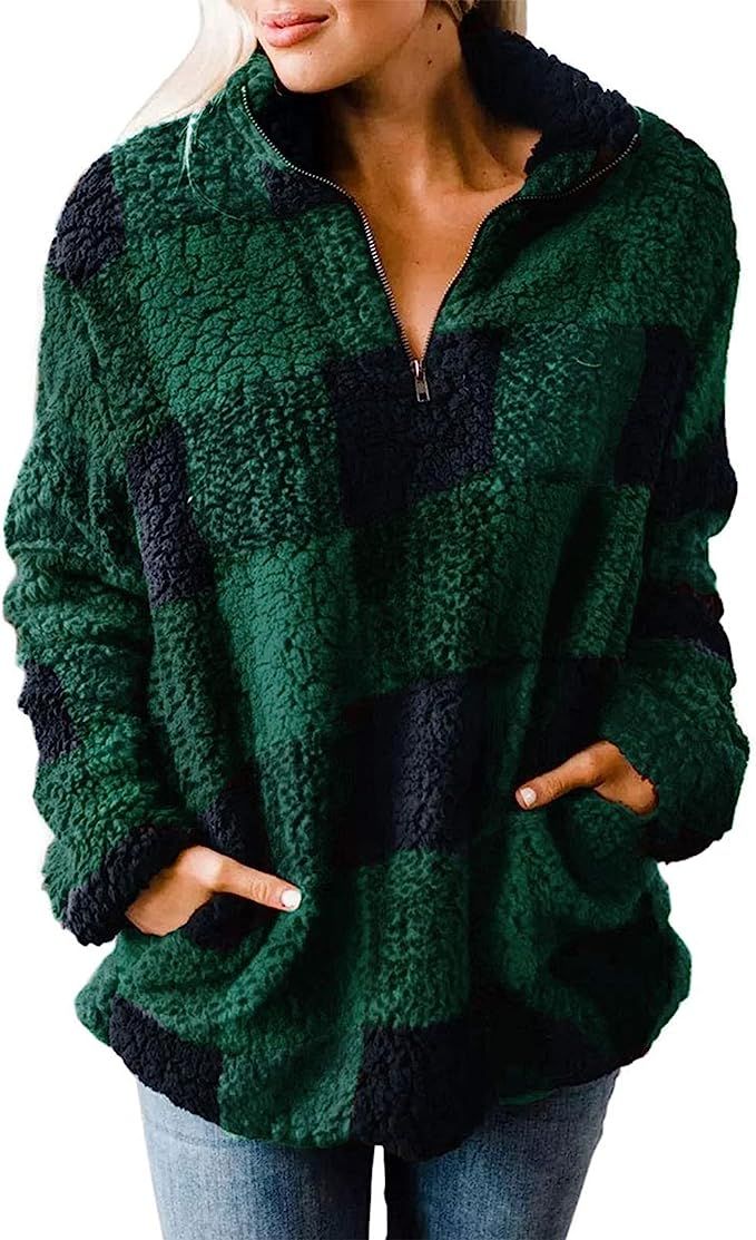 ZESICA Women's Plaid Long Sleeve Zipper Sherpa Fleece Sweatshirt Pullover Jacket Coat | Amazon (US)
