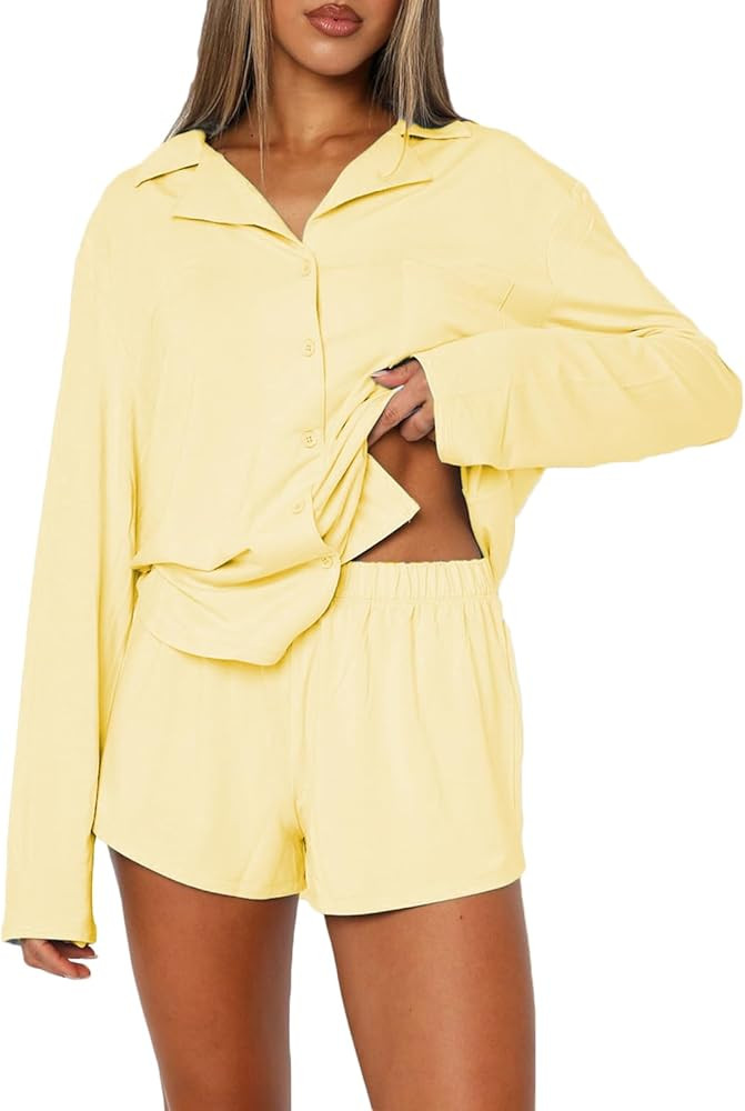 RUEWEY Women 2 Piece Pajamas Set Button up Long Sleeves Shirt and Elastic Shorts Set Loungewear S... | Amazon (US)