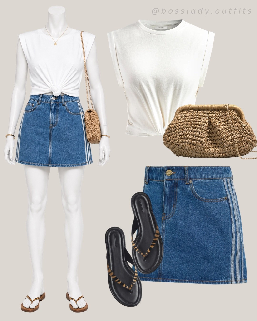 Adidas denim skirt outfit you’ll wear on repeat 🤍

An effortless everyday look featuring a white sleeveless shoulder pad top, blue denim mini skirt, woven straw shoulder bag, leopard print flip flops, and black rectangle sunglasses. Perfect for casual summer days, vacation, brunch, coffee runs, and weekend errands.

#LTKshoes #LTKstyletip #LTKsummer
