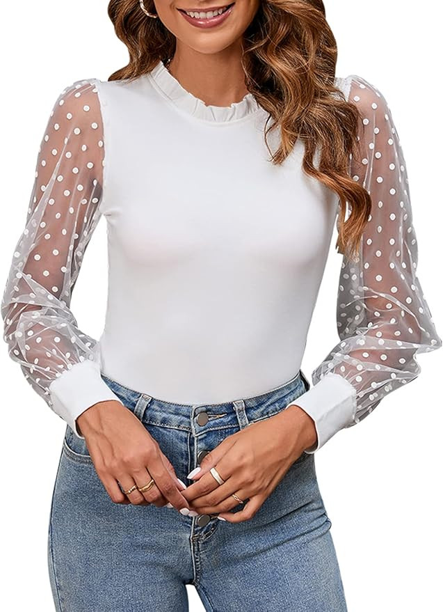 MISSJOY Women's Mock Turtle Neck Long Sleeve Polka Dot Sheer Mesh Ribbed Ruffle Bodysuit Top Jump... | Amazon (US)