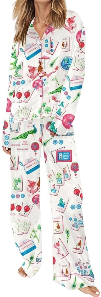 Pajamas for Women Mahjong Set polyester Button Down Long Sleeve Loungewear Cute Sleepwear (US, Al... | Amazon (US)