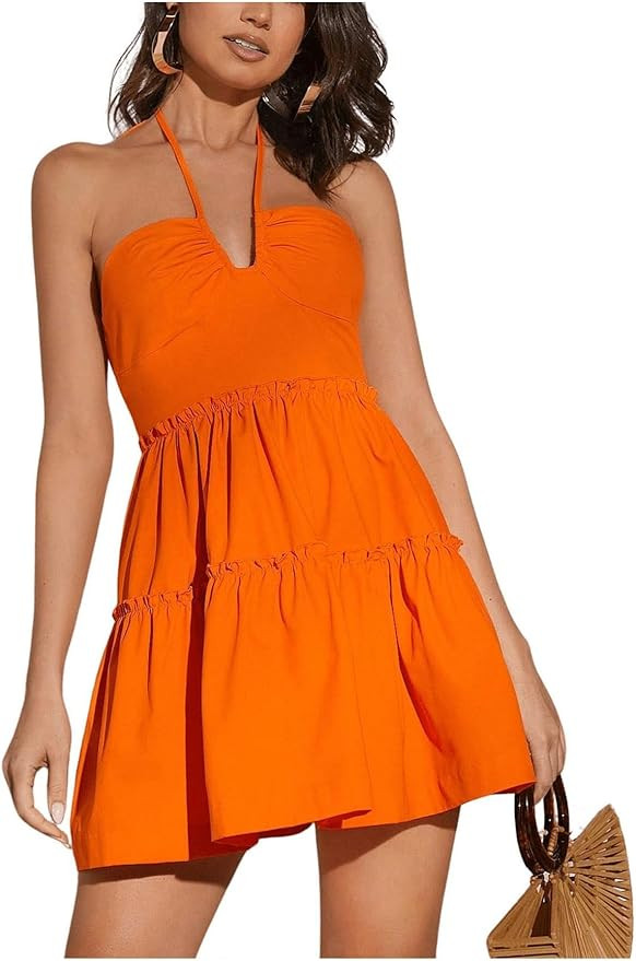 MakeMeChic Women's Sleeveless Tie Backless Halter Dress High Waisted Mini Short Smocked Dress | Amazon (US)