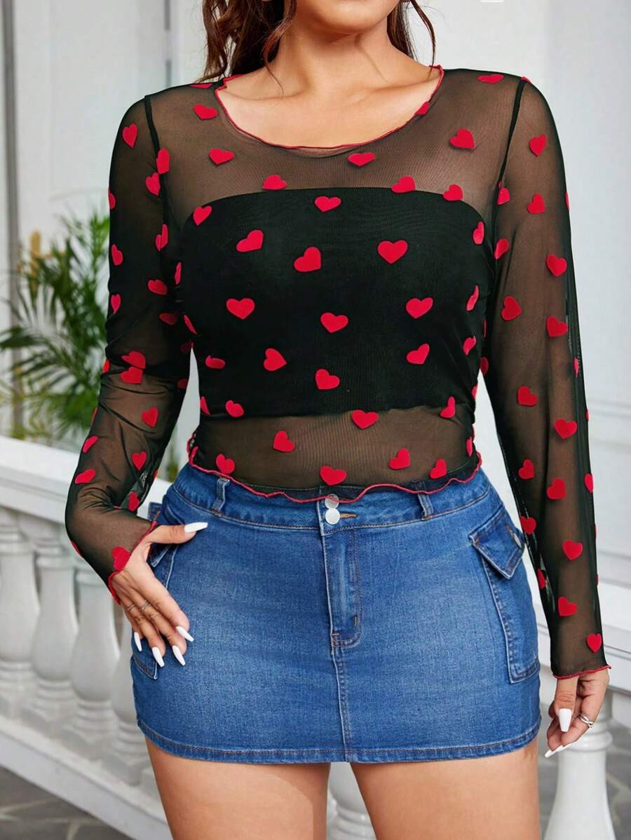 SHEIN EZwear Valentine's Day Plush Red Heart Mesh Long Sleeve Top | SHEIN