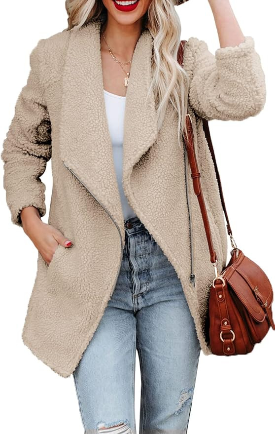 FSHAOES Women's Fuzzy Fleece Jackets Oversized Open Front Coat Long Sleeve Lapel Zipper Outwear F... | Amazon (US)