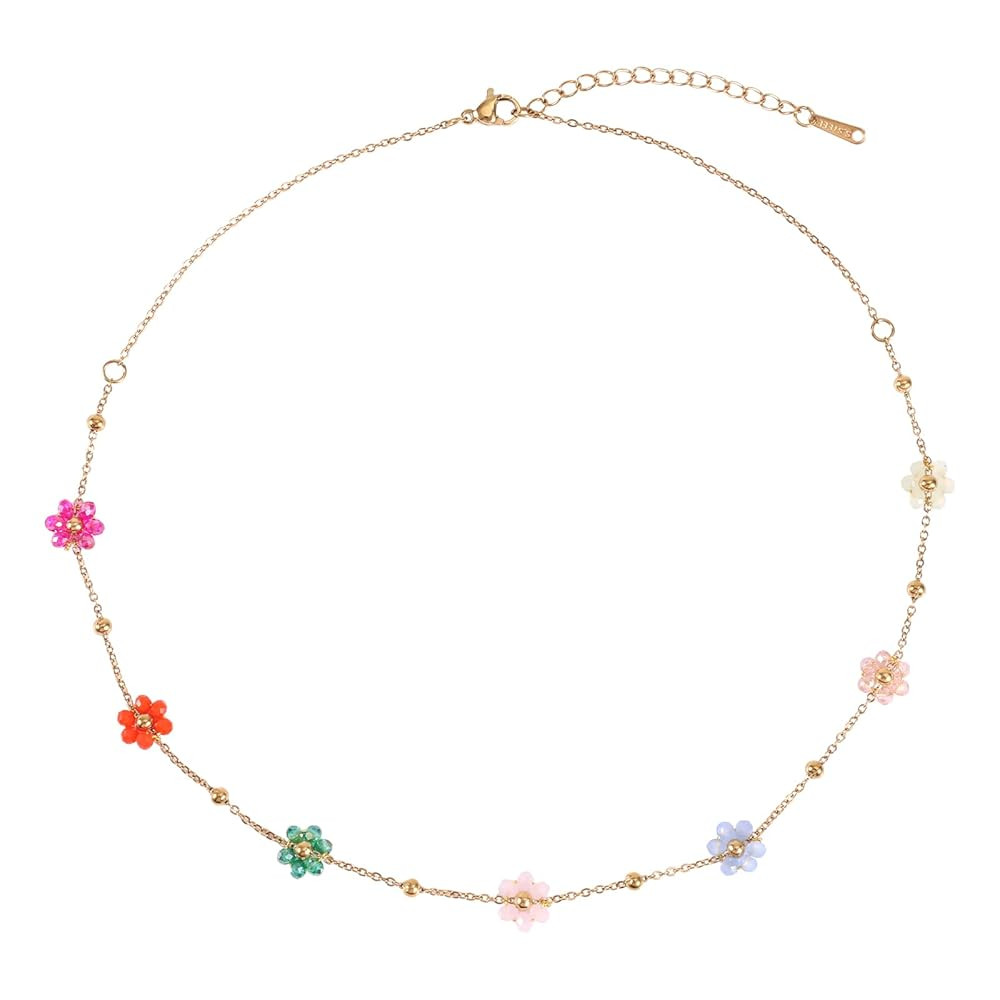 Mikovivi Flower Beaded Necklace, 15.75+1.97 Inch Daisy Flowers Beaded Ball Choker Fashion Adjusta... | Amazon (UK)