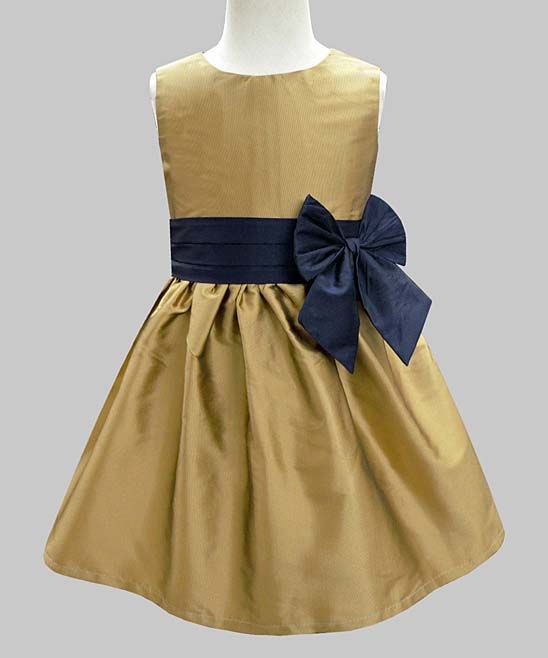 Antique Gold & Navy Bow Detail A-Line Dress - Infant, Toddler & Girls | Zulily