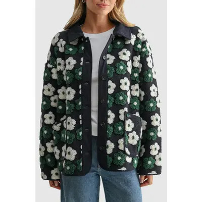All in Favor Floral High Pile Fleece Jacket in Black White at Nordstrom, Size Large | Nordstrom