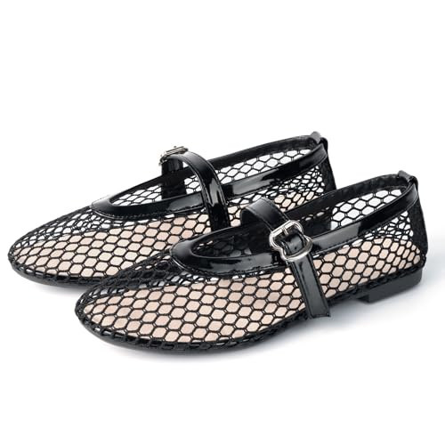 Samilor Mesh Ballet Flats for Women Buckle Strap Round Toe Mesh Flats Fishnet Flats with Strap Casual Ballerina Shoes Black 10 | Amazon (US)