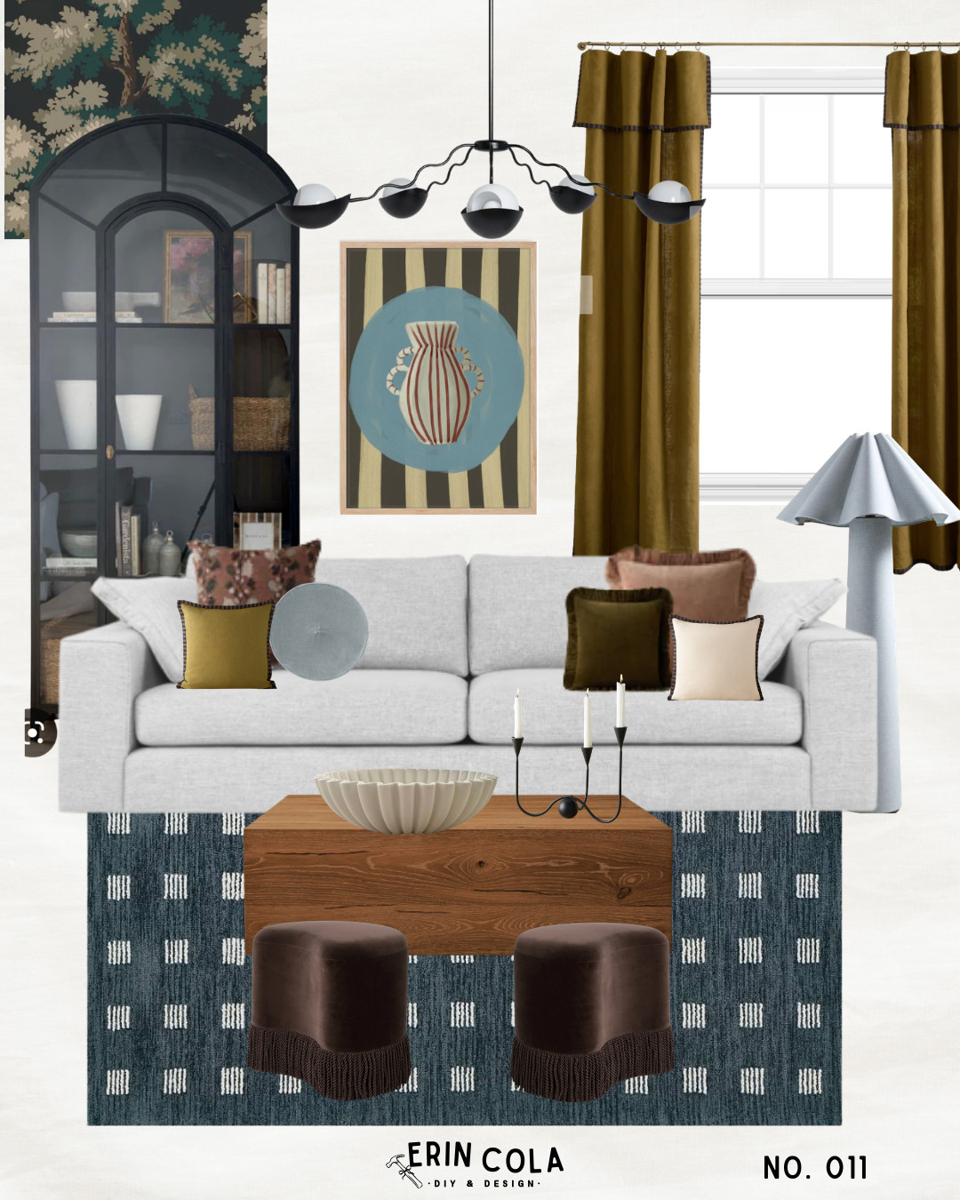 This living room mood board is all about layered texture, warm neutrals, and a pop of cool blue. A soft neutral sofa anchors the space while rich accents — like the deep olive velvet pillows, warm wood coffee table, and brass-toned drapery — bring warmth and depth. The patterned blue rug adds just the right cool contrast to balance the earthy palette, while sculptural lighting and modern artwork keep the space feeling elevated and curated.

Most of the pieces in this design are from Lulu and Georgia, known for their beautiful mix of modern shapes and timeless materials. The result is a living room that feels cozy yet polished — perfect inspiration for sun rooms, layered color palettes, and relaxed but refined spaces.

If you're looking to design a room that feels collected and intentional, start with a neutral foundation and layer in texture, sculptural lighting, and one cool-toned accent color for balance. 

 #LTKHome