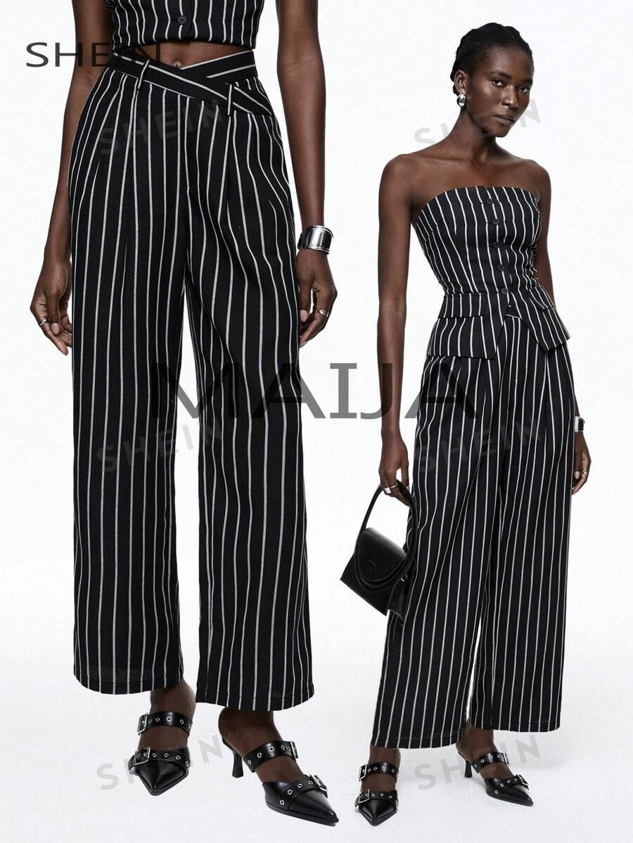 SHEIN Maija Women's Asymmetrical Waist Striped Straight Pants | SHEIN