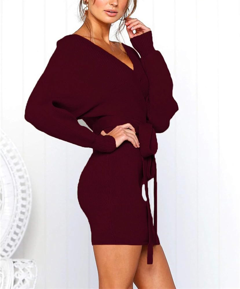 Mansy Women's Sexy Cocktail Batwing Long Sleeve Backless Mock Wrap Knit Sweater Mini Dress | Amazon (US)