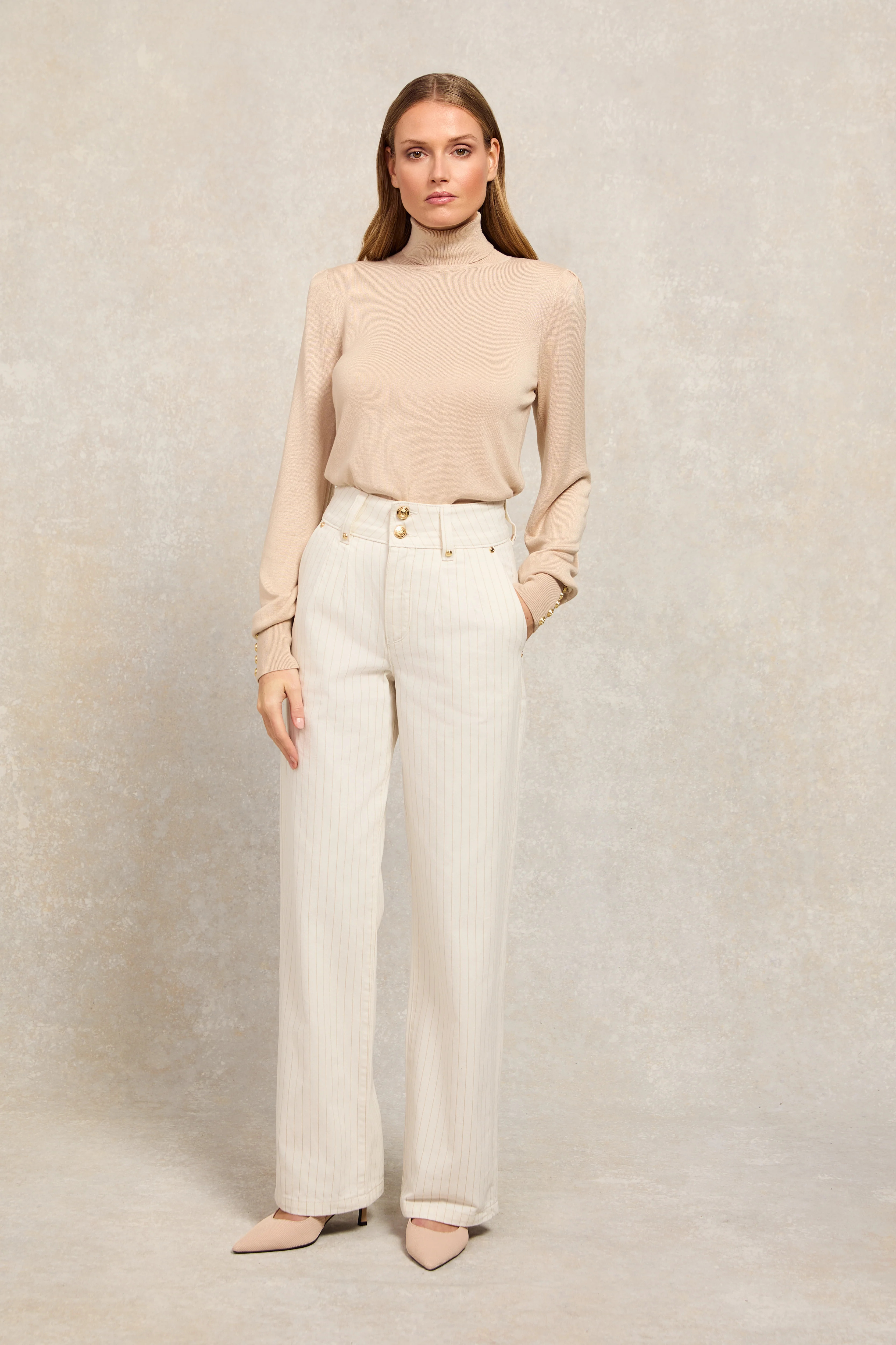 Tailored Wide Leg Jean (Ecru Stripe) | Holland Cooper