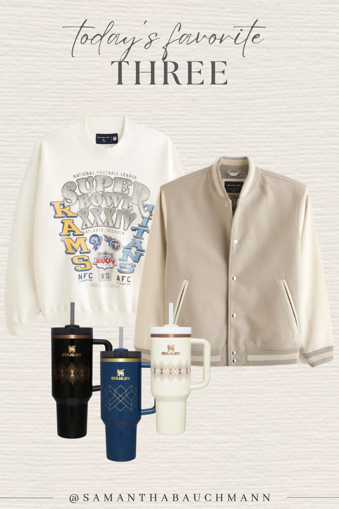 Todays favorite three 😍 Abercrombie football crewneck, letterman jacket, deco Stanley collection 

#LTKGiftGuide #LTKSeasonal #LTKfindsunder100