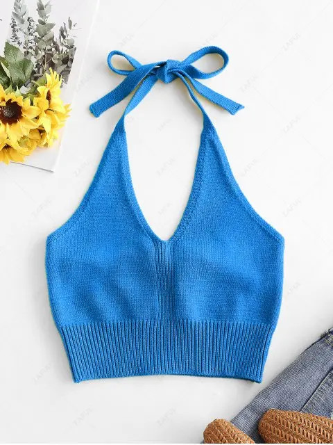 Solid Knitted Halter Crop Top - Blue S | ZAFUL (Global)
