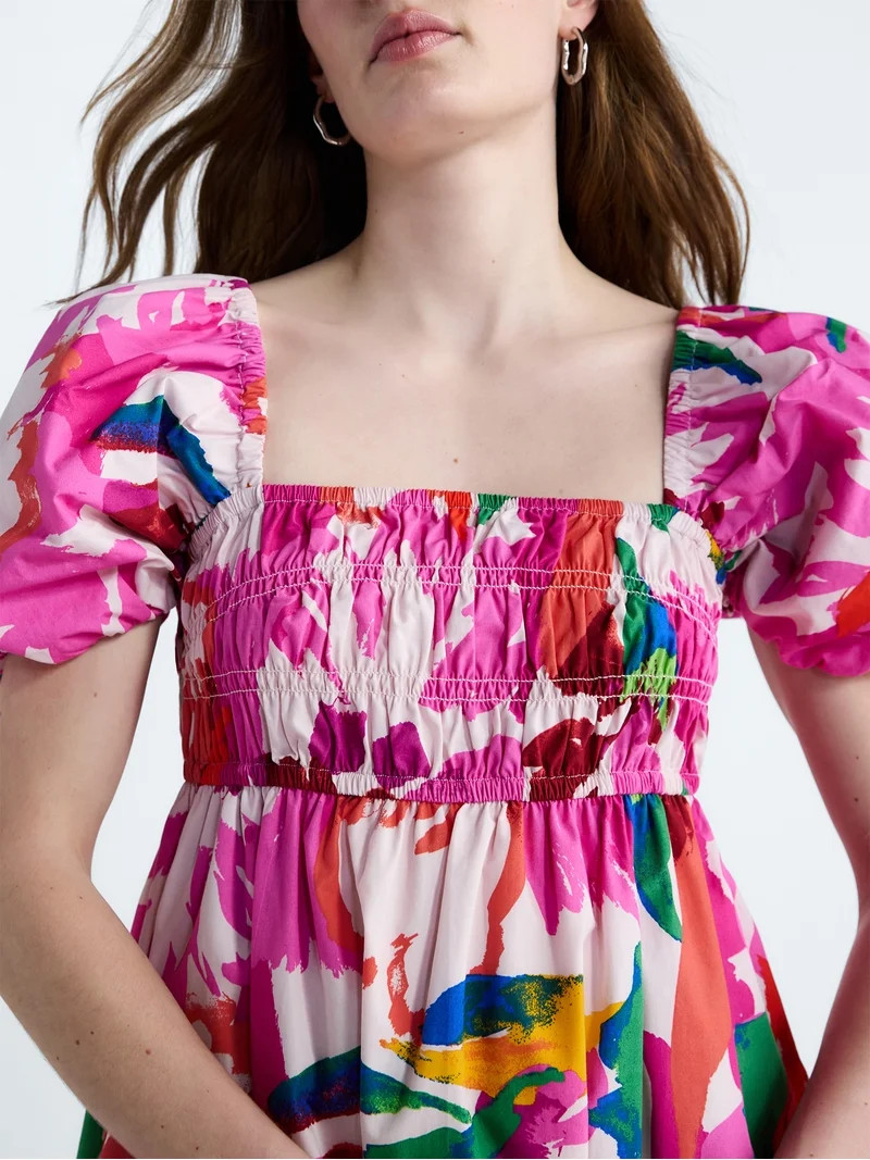 Free Assembly Women's and Women's Plus Smocked Cotton Peasant Mini Dress with Puff Sleeves, Sizes... | Walmart (US)