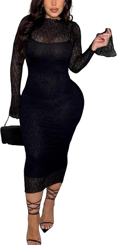 Women's Elegant Bodycon Midi Dress Lace Party Cocktail Wedding Guest Dress | Amazon (US)